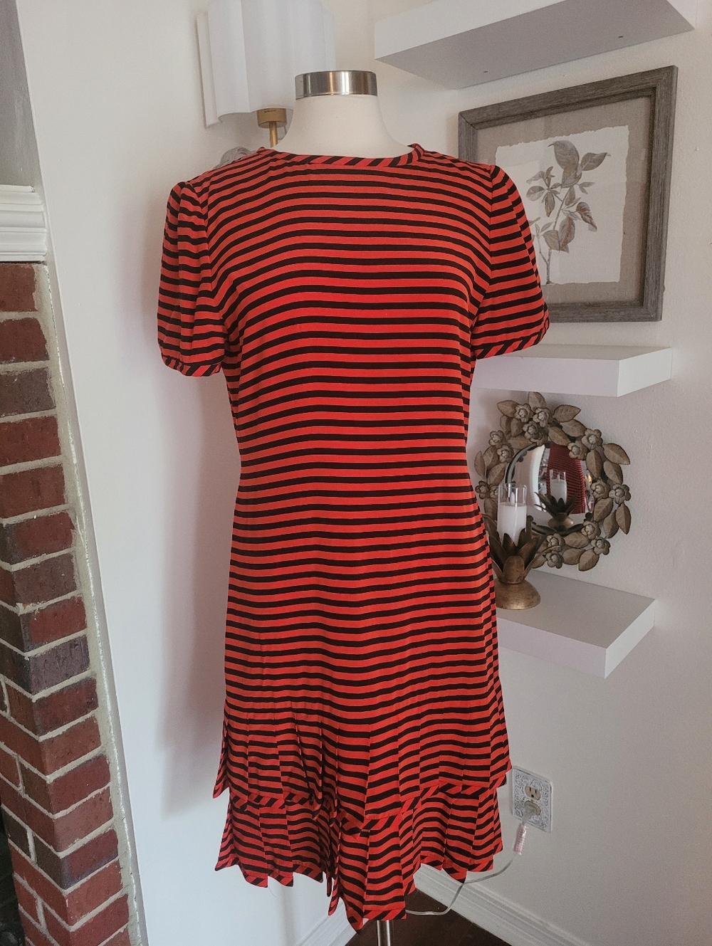 Vintage Bill Blass Silk Red and Black Striped Short Sleeve Dress Pleated Ruffle